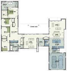 the floor plan for a two story house with three bedroom and an attached garage area