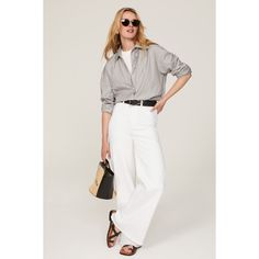 White denim (99% Cotton, 1% Lycra). Jeans. Front zipper fly with button closure. 33" inseam. 11.5" rise. 27" leg opening. Imported. Spring Workwear Jeans With Zip Fly, Classic Spring Button-up Pants, Spring Workwear Jeans, Chic Button-up Cotton Pants, Everyday Flare Jeans With Button Closure For Spring, Spring Flare Jeans With Button Closure For Everyday, Everyday Spring Flare Jeans With Button Closure, Spring Relaxed Fit Pants, Summer Wide Leg Jeans With Button Zip Fly