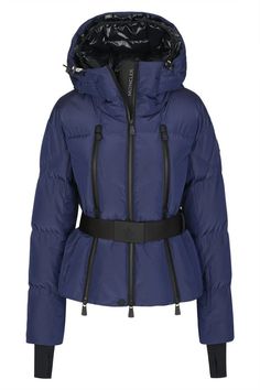 : Navy.·.Performance&style jacket for women.·.Down filled with pattern quilted.·.Stretch nylon lining.·.Attached hood with adjustable drawcord.·.Technical webbing belt with logoed side-release buckle.·.Front two-way zip fastening.·.Two front pockets with waterproof zip closure.·.Lift pass pocket on sleeve.·.Elastic trimmed cuffs.·.Stretch jersey windproof wrist gaiters.·.Moncler Grenoble logo on sleeve.Lining: 85% polyamide, 15% elastane.Hood: 100% polyester.Padding: 90% down, 10% feathers.Detai Moncler Jacket Women, Circle Fashion, Women Crafts, Moncler Women, Women Belt, Webbing Belt, Jacket For Women, Women's Jackets, Down Jacket