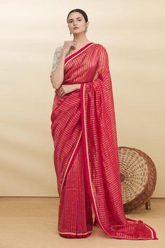 Shop for Pranay Baidya Red Chanderi Striped Saree for Women Online at Aza Fashions Striped Saree, Saree Red, Saree Women, Saree For Women, Red Saree, Embroidered Fabric, Lace Border, Not For Sale, Sarees Online