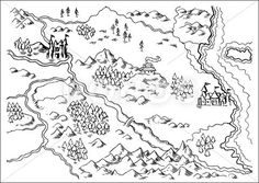 a black and white drawing of a map with mountains, trees and houses on it