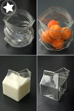 four pictures showing different types of food in plastic containers and one with oranges on it