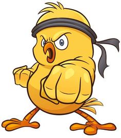 a cartoon yellow bird with a bandana on his head and hands in the air