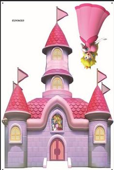 an image of a pink castle with mario and luigi on the top floor, in front of a white background