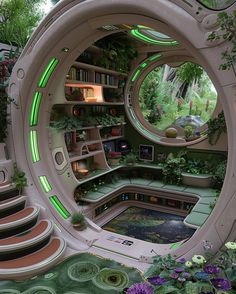 the interior of a futuristic home with plants and bookshelves in it's center