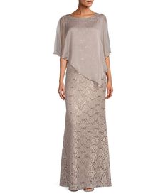 Ignite Evenings Short Sleeve Boat Neck Beaded Sequin Floral Lace Capelet Gown | Dillard's Lace Capelet, Capelet Dress, Floral Lace Skirt, Plus Size Evening Gown, Stretch Lace Fabric, Formal Wedding Guest Dress, Tiered Dresses, Sheath Gown, Groom Dresses