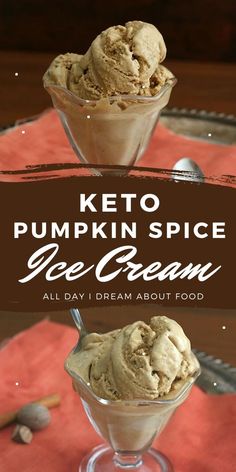 two scoops of pumpkin spice ice cream on a red placemat with text overlay