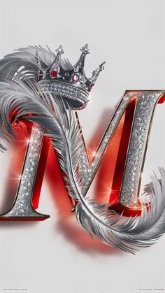 the letter m is made up of silver and red feathers