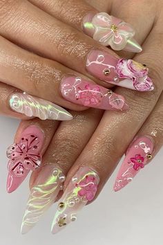 summer/spring nail inspo Spanish Nails, Flower Summer Nails, Nessa Nails, Super Cute Nails, Style Nails, Colored Acrylic, Nail Idea