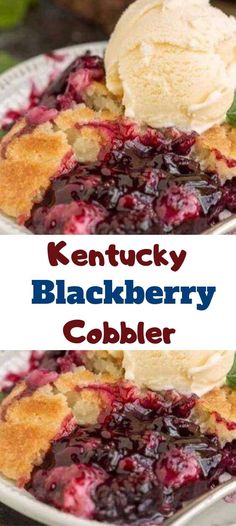 two pictures of blueberry cobbler with ice cream on top