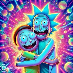 rick and mort hugging in front of an abstract background