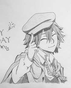 a drawing of a boy with a hat and tie