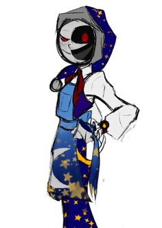 a drawing of a cartoon character dressed in blue and white with stars on his pants