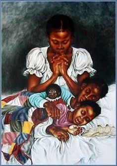 a painting of a woman and two children sitting on a bed with their hands together