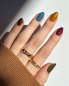 Multi Color Nails Fall, Mismatch Nail Colors, Fall Winter Nail Colors, Winter Skittle Nails, Multicolored Nails Winter, Multi Colored Fall Nails, Multicolored Nails Fall, Fall Multi Color Nails, Autunum Nails