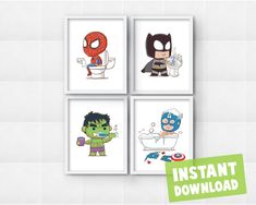 four bathroom art prints featuring the avengers, spiderman, and captain america on white tiles