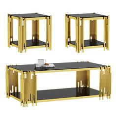 a set of three tables with black glass top and gold metal legs, each side by side