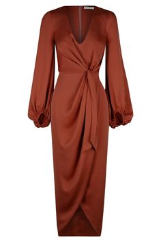 Luxe Tie Front Balloon Sleeve Midi Dress | Sangria | Dresses | Shona Joy – Shona Joy International Dana Dress, Sangria Dress, Party Dress Classy, Shona Joy, Dress Classy, Mode Hijab, Midi Dress With Sleeves, Brown Dress, Cocktail Hour