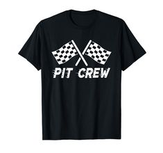 a black t - shirt that says pit crew with checkered flags