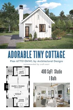 Whether you want to build an artist's studio, a home office, or a tiny guest cottage, this 400 sqft space is an epitome of charm and functionality. Studio Cottage Plans, Cottage Core Tiny House, Tiny Cottage Homes, Small Guest House Plans, Guest Cottage Plans, Tiny Cottage Floor Plans, Tiny Cottage Plans, Tiny Cottage Interior, Cozy Cottage House