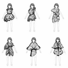 four different views of a woman's dress with butterfly wings on her shoulders and arms