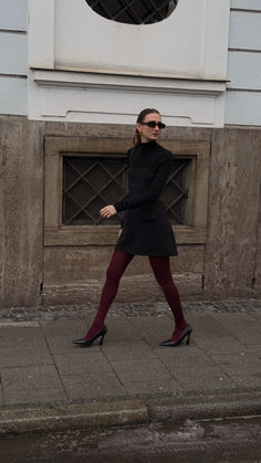 Burgundy Thighs Outfit, Burgundy Tights Outfit Winter, Red Thighs Outfit, Black And Burgundy Outfit, Black Dress And Tights, Exam Outfit, Burgundy Tights Outfit, Burgundy Dress Outfit, Colour Tights