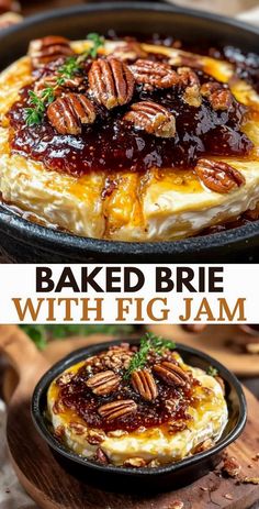 Indulge in the delightful harmony of flavors with Baked Brie topped with luscious fig jam. This appetizer marries the smooth, creamy texture of brie cheese with the sweet and slightly tangy notes of fig jam, creating a taste sensation that's sure to impress. With just a handful of ingredients and about half an hour, you can whip up this crowd-pleaser, making it an ideal choice for festive celebrations or any special gathering. Brie Cheese Appetizers Easy Recipes, Easy Appetizers Brie, Food For The Holidays, Brie Cheese Baked, Brie Fall Appetizer, Brie Pecans Brown Sugar, Brie Cheese Recipes Thanksgiving, Fig Jam Baked Brie, Fig Jam And Cheese