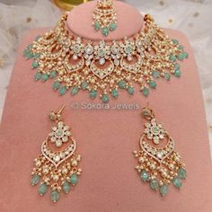 Gold plated kundan set with jade/mint green gems and glass beads beads. Comes with matching 2.5 inch earrings and tikka  Ready To Ship with gift box Beaded Wedding Jewelry, Jewelry Closet, Indian Wedding Jewelry Sets, Fancy Jewellery Designs, Luxe Jewelry, Wedding Jewellery Collection, Indian Jewelry Sets, Bangles Jewelry Designs, Nose Jewelry