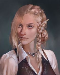 a digital painting of a woman with blonde hair and braids in her hair, wearing a white shirt