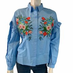 New Brandon Thomas Collar Floral Embroidered Long Sleeve Blouse Button Up Size Small 100% Cotton Retail $124.00 Workwear Blouse With Embroidered Cuffs, Embroidered Cuffs Blouse For Workwear, Blue Long Sleeve Blouse With Floral Embroidery, Cotton Blouse With Embroidered Cuffs For Work, Collared Floral Embroidery Top For Work, Collared Top With Floral Embroidery For Work, Long Sleeve Blouse With Embroidered Cuffs, Fitted Floral Embroidery Shirt For Workwear, Collared Blouse With Floral Embroidery For Work