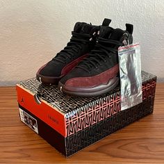 Jordan 12 Retro X A Ma Maniere Dv6989-001 Color: Black Size: 5w/3.5m Deadstock With All Accessories And Box Black Jordan Shoes With Rubber Sole, Black Leather Jordan Shoes With Laces, Black Leather Jordan Shoes, Black Synthetic Jordan Shoes With Contrast Sole, Black Jordan Shoes With Red Sole And Lace-up, Jordan 1 Mid Women, Nike Jordan 1 Low, Air Jordan Retro 11, Red Basketball Shoes