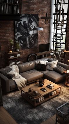 a living room filled with furniture next to a brick wall covered in pictures and windows