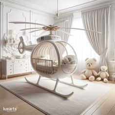 a white room with a helicopter bed in the middle and teddy bears on the floor