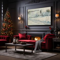 a living room filled with red couches and a christmas tree in front of a fireplace