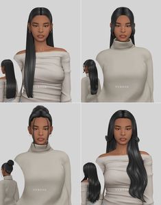 four different views of a woman with long black hair