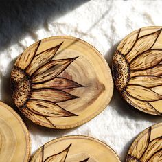 wood burned sunflower coasters Mushroom Coaster, Wood Burned Coasters, Mushroom Artwork, Sunflower Coasters, Sunflower Designs, Rustic Coasters, Aspen Wood