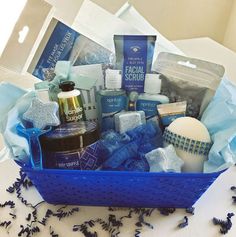 a blue basket filled with personal care items