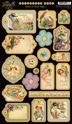 an assortment of vintage tags with flowers and birds on the top, in pastel colors