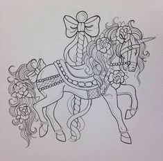 a drawing of a horse with a bow on it's head and manes