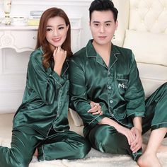 "Our set features two pieces, tailored for both him and her, ensuring a harmonious and adorable look that's perfect for lounging, cuddling, and making lasting memories together. Each pajama is made from premium,  luxurious Satin Fabric, providing the ultimate softness and comfort against your skin, promising a luxurious feel all night long.  DETAILS:- - Made from  luxurious  Satin fabric - Notch Collar  - super comfortable - Shorts / Pants come with elasticated waist, drawstrings and Two pocket - Customizable Piping in White 🛒HOW TO ORDER 🛒: 1. Select the Style and Personalization type for the PJs, i.e. plain/embroidery 2. Select the quantity of PJs you would like. 3. Proceed to checkout and specify the following in the notes : ~Need By Date ~ pj color(s) ~ pj size (s) ~ embroidery text, Matching Long Sleeve Sleep Sets, Cotton Long Sleeve Sleepwear As Gift, Long Sleeve Cotton Sleepwear Gift, Green Long Sleeve Bedtime Sets, Green Matching Sleepwear For Loungewear, Matching Green Sleepwear For Loungewear, Green Matching Lounge Sleepwear, Green Matching Sleepwear, Couple Sleepwear