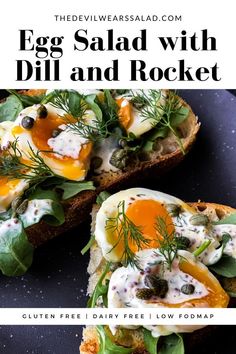 an egg salad with dill and rockett is on top of toasted bread