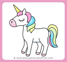 a unicorn with a rainbow mane standing in front of a white background and pink border