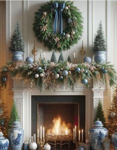 a fireplace decorated for christmas with blue and white decorations