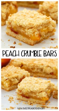 peach crumble bars are stacked on top of each other