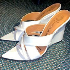 Les Tropeziennes *White Leather Strappy Wedge Heels *Gently Used. Only Sole Has Wear And Toe Pad On Left Shoe But No Visible Markings On White Leather Exterior *Made In Italy Size 37, Fits Size 6.5 Best! *Includes Original Box & Extra Heel Taps Strappy Wedge Heels, Slip On Wedge Sandals, Heel Taps, Heel Tap, Sandal Heels, Wedge Sandal, Womens Shoes Wedges, Wedge Heels, White Leather