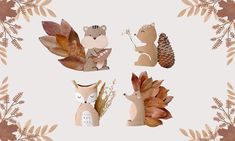 four different types of leaves and animals on a white background with gold foil foliages