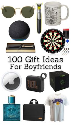 the words, 100 gift ideas for boyfriends are in front of an image of various items