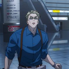 an animated man with glasses and suspenders walking down the street in front of some escalators