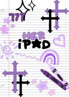 the back side of a notebook with writing on it and cross symbols in purple ink