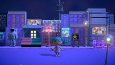 an animated character standing in the middle of a city at night with buildings and street lights